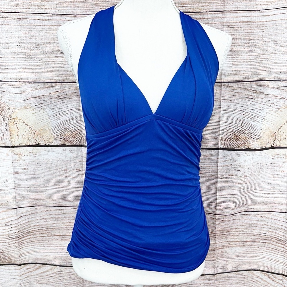 La Blanca Royal Blue Island Goddess Halter Rushed Tankini Top Size 8